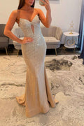 Sparkly Gold Keyhole Mermaid Satin Long Prom Dress with Beading