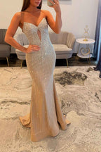 Sparkly Gold Keyhole Mermaid Satin Long Prom Dress with Beading