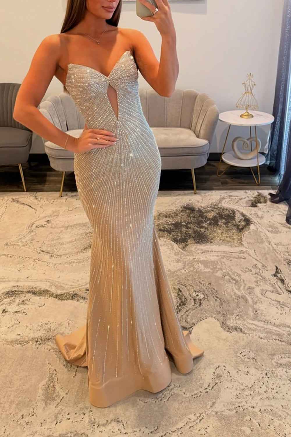 Sparkly Gold Keyhole Mermaid Satin Long Prom Dress with Beading