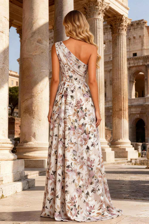 Pink A Line Corset One Shoulder Long Floral Prom Dress with Slit
