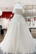 Modest Off-the-Shoulder Princess Wedding Dress with Tulle Lace Ruffles BM bride