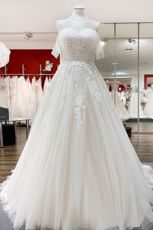 Modest Off-the-Shoulder Princess Wedding Dress with Tulle Lace Ruffles BM bride