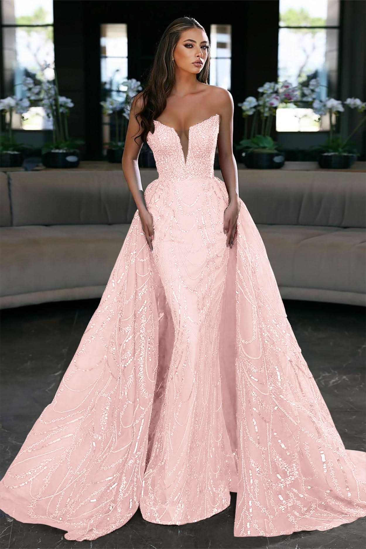 Glamorous Royal Blue Sleeveless Strapless Long Evening Dress Prom Dress with Sequins BM bride