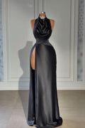 Black Long Halter Evening Dress with High Slit and Pleats BM bride