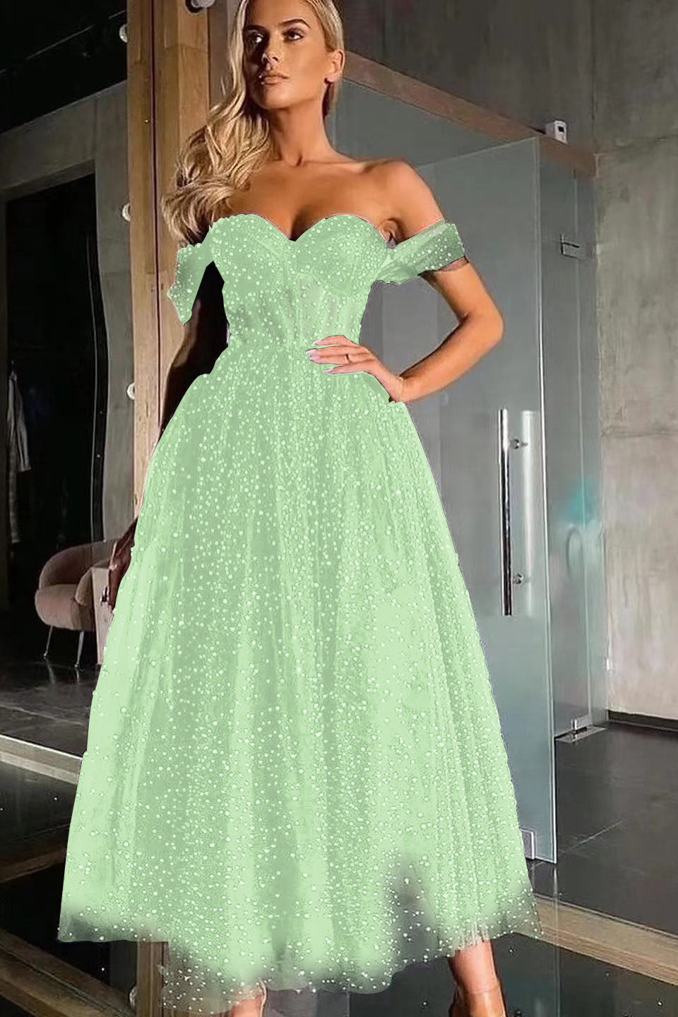 Black Off-the-Shoulder Sweetheart A-Line Tulle Beaded Prom Dress BM bride