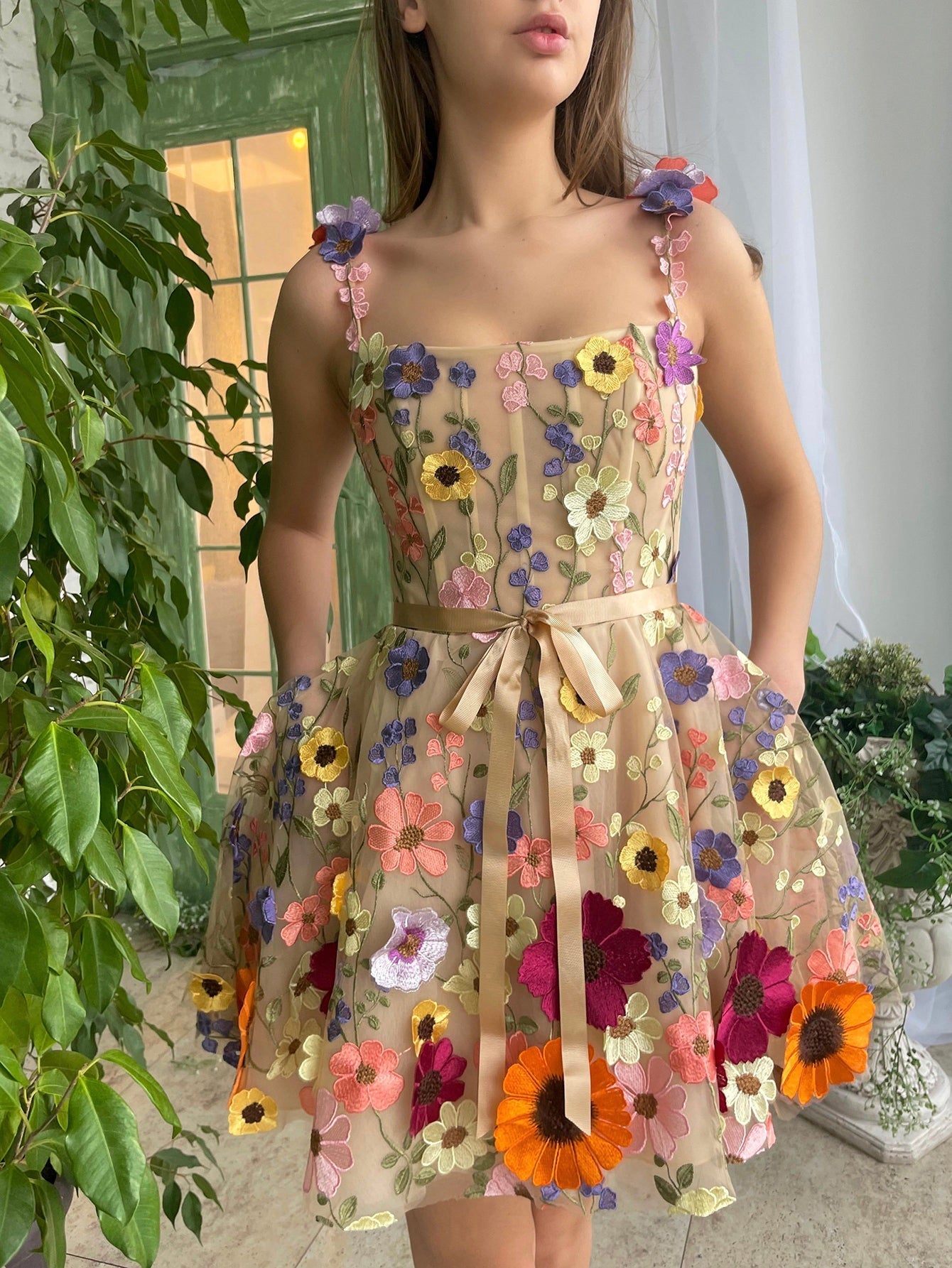 Floral A-Line Short Homecoming Dress with 3D Flowers BM bride