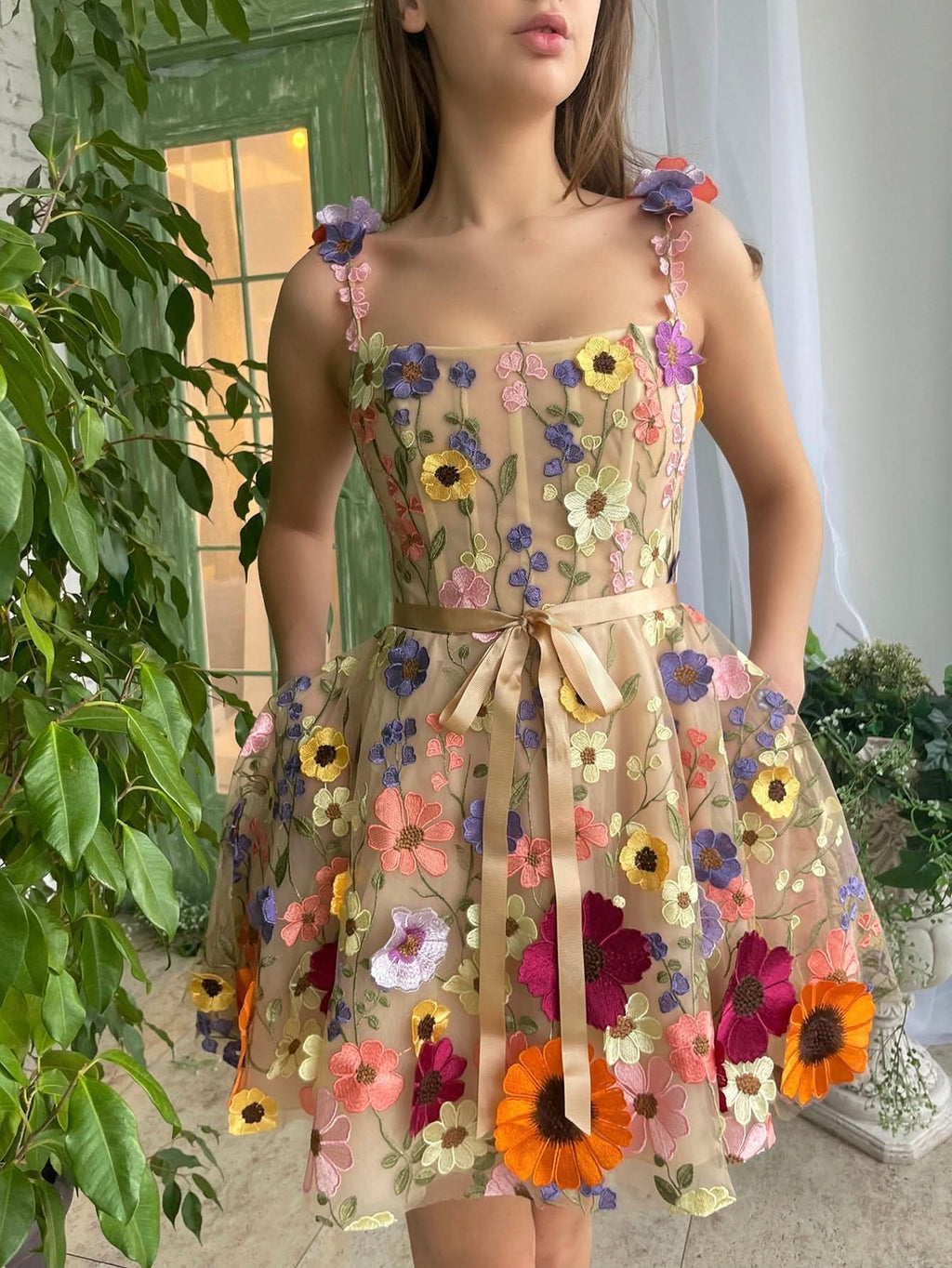 Floral A-Line Short Homecoming Dress with 3D Flowers BM bride
