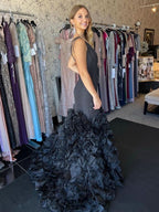 Elegant Mermaid Black One Shoulder Tiered Sequins Long Prom Dress BM bride