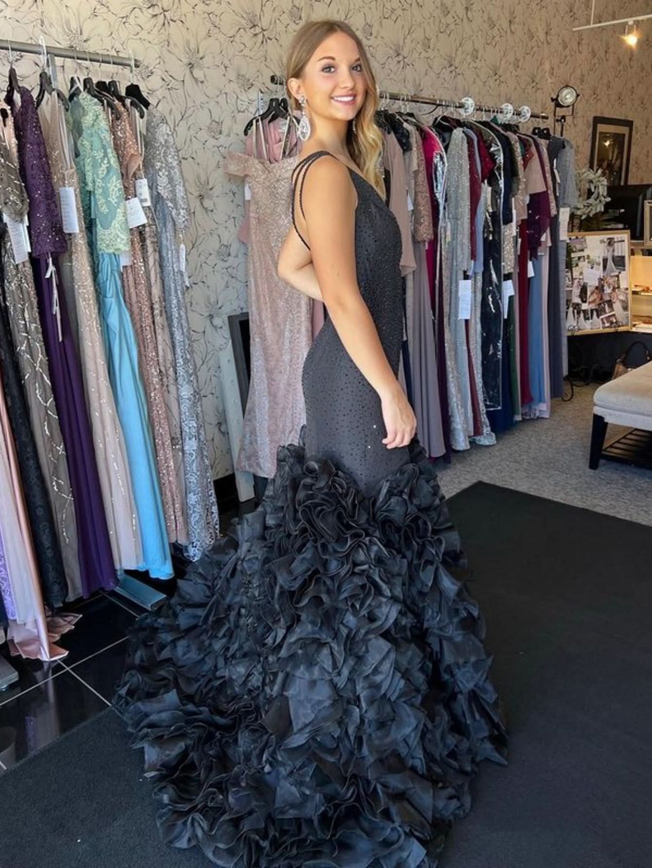 Elegant Mermaid Black One Shoulder Tiered Sequins Long Prom Dress BM bride