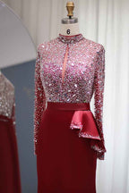 Red Jewel Neck Mermaid Prom Dress Long Sleeves With Sparkle Sequins
