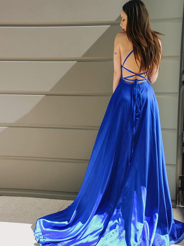 Royal Blue Halter Prom Dress with Split BM bride