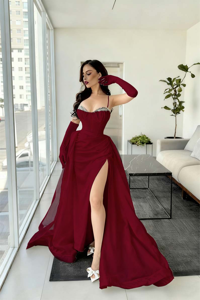 Spaghetti Strap Sleeveless Long Mermaid Prom Dress With Split Gloves BMBRIDE
