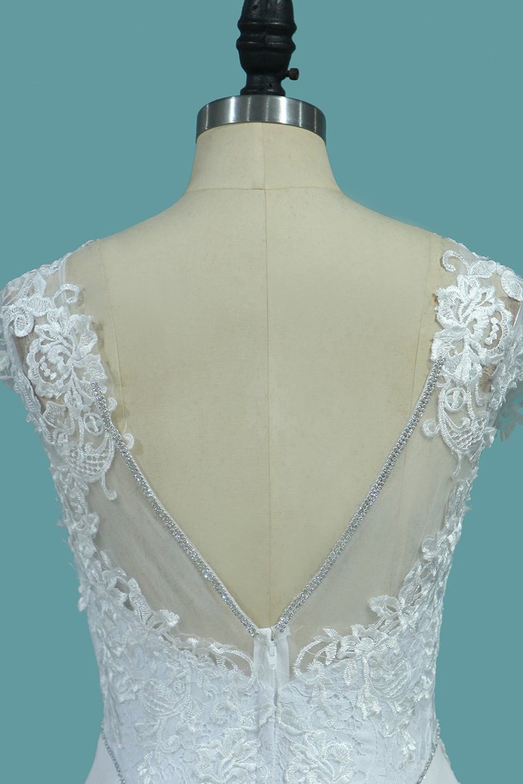 Bateau Neck Beaded Floor-Length Mermaid Wedding Dress with Lace Appliques BM bride