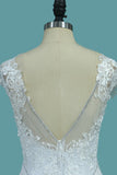 Bateau Neck Beaded Floor-Length Mermaid Wedding Dress with Lace Appliques BM bride