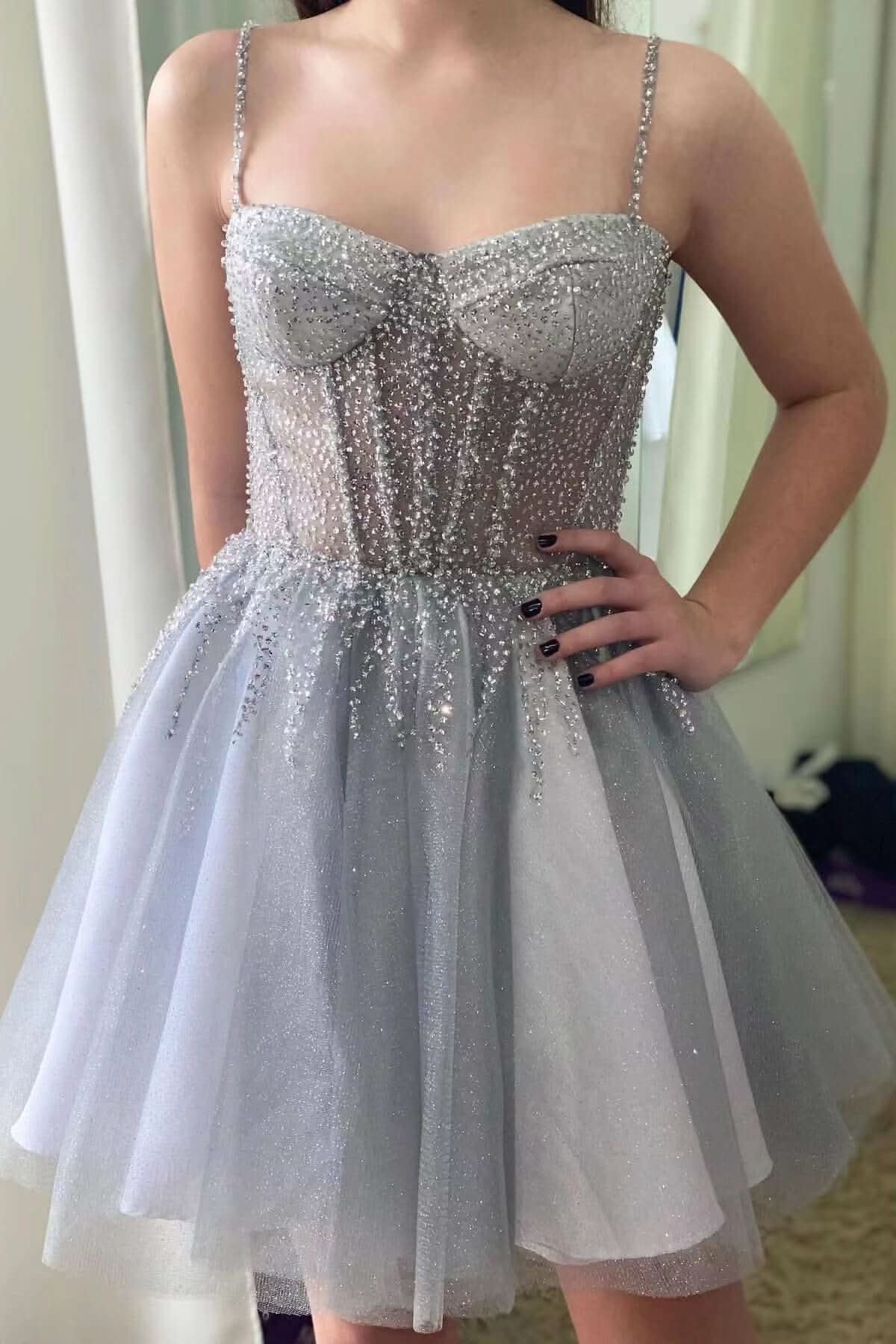 Silver Gray Sleeveless Short Prom Dress with Tulle and Sequins BM bride