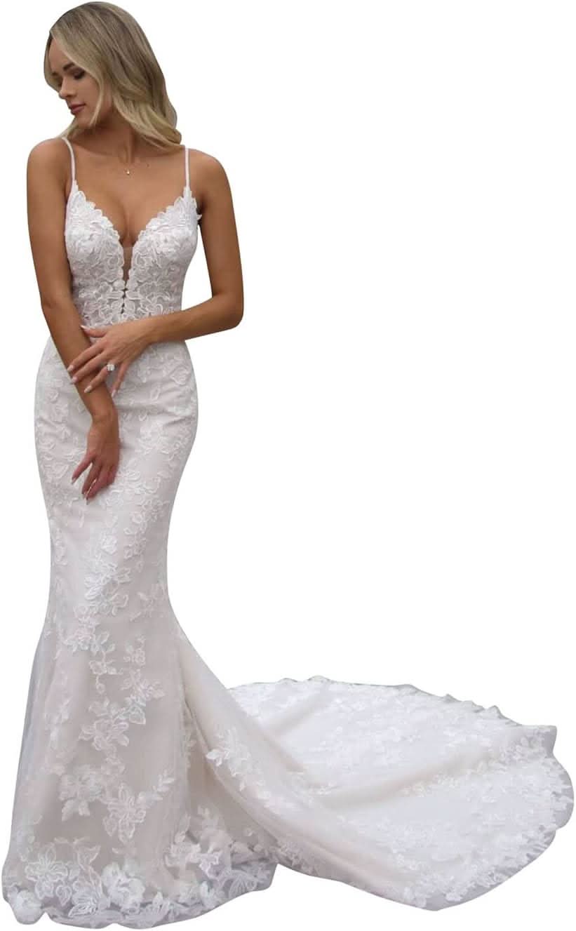 Women's Beach Spaghetti Strap Wedding Dresses for Bride 2025 Boho Long Lace Bridal Gowns for Wedding