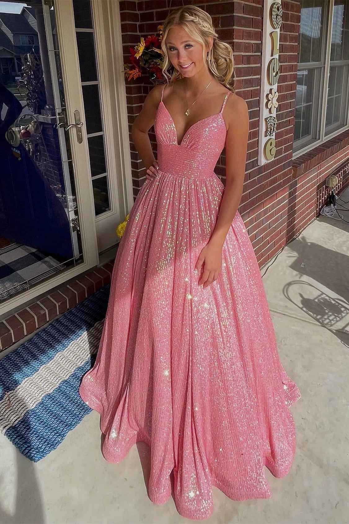 A Line V Neck Prom Dress Spaghetti Strap Sparkle With Appliques
