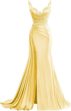 V Neck Satin Prom Dresses Long Mermaid Lace Evening Gown with Slit Pleated Bodycon Formal Dress with Tail Bmbride