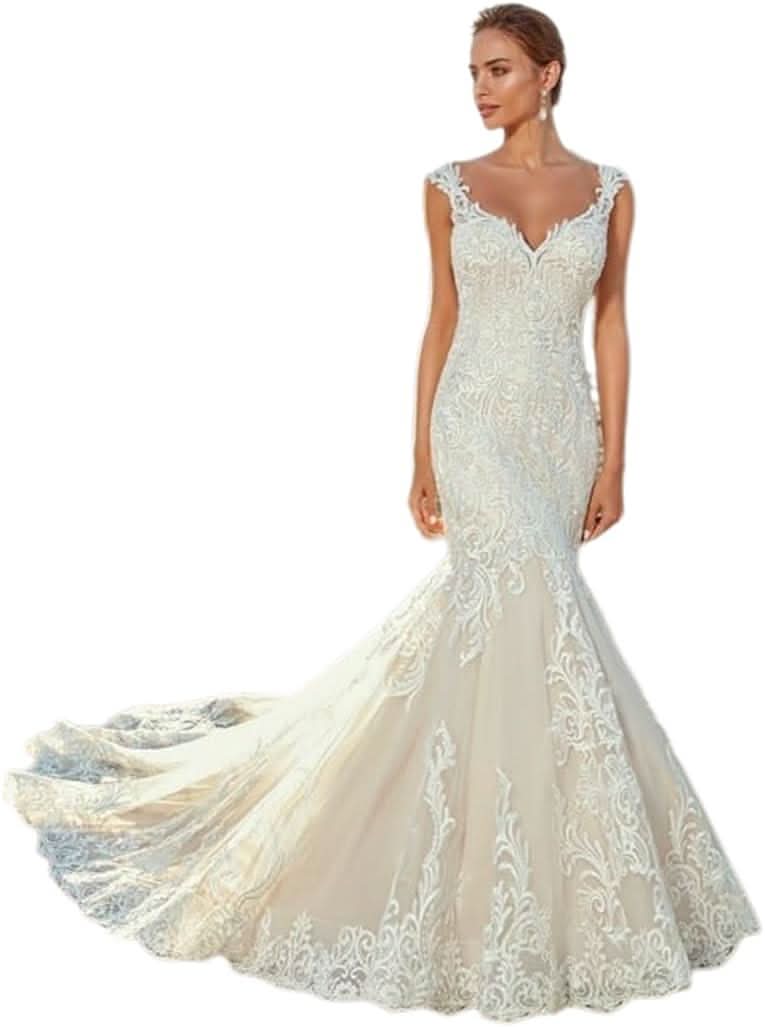 Loyeloy Women's Wedding Dresses for Bride 2025 Sexy V Neck Slit Lace Bridal Wedding Gowns for Bride YJ010