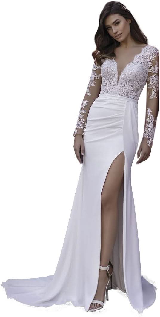 Loyeloy Women's Wedding Dresses for Bride 2025 Sexy V Neck Slit Lace Bridal Wedding Gowns for Bride YJ010