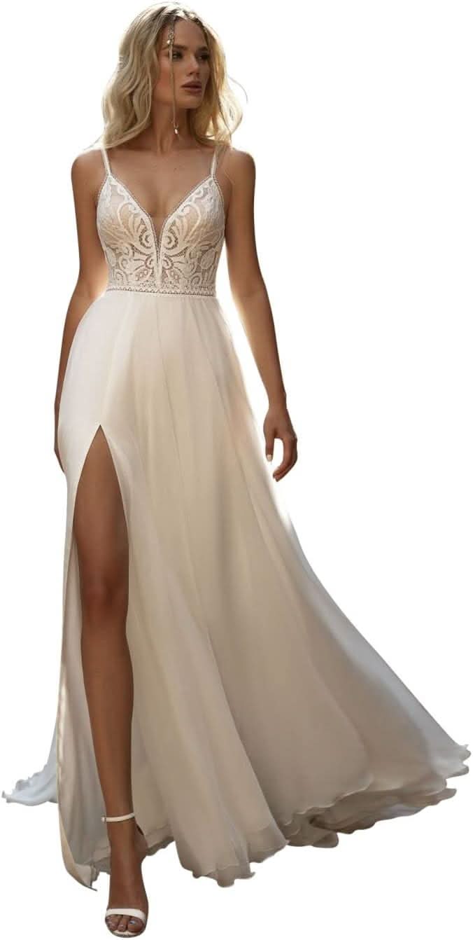 Women's Beach Spaghetti Strap Wedding Dresses for Bride 2025 Boho Long Lace Bridal Gowns for Wedding