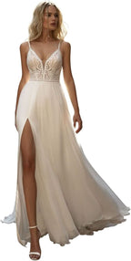 Women's Beach Spaghetti Strap Wedding Dresses for Bride 2025 Boho Long Lace Bridal Gowns for Wedding