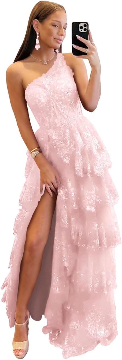 One Shoulder Lace Tulle Tiered Prom Dress Sparkly Sequined Applique Long Maxi Formal Evening Party Gowns 2025