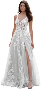 Loyeloy Women's Wedding Dresses for Bride 2025 Sexy V Neck Slit Lace Bridal Wedding Gowns for Bride YJ010