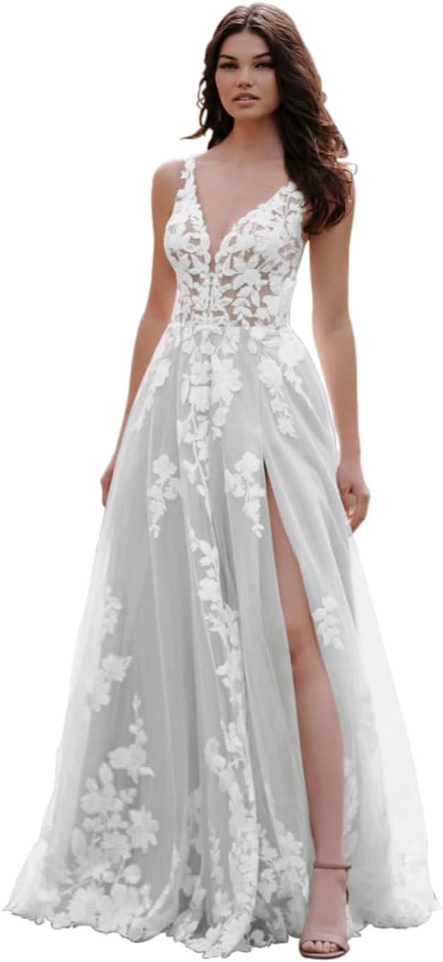 Loyeloy Women's Wedding Dresses for Bride 2025 Sexy V Neck Slit Lace Bridal Wedding Gowns for Bride YJ010