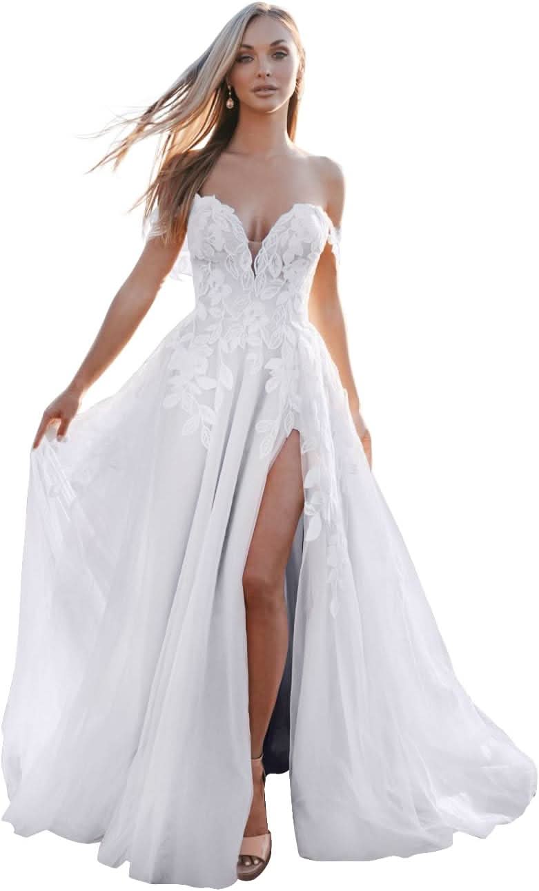 Loyeloy Women's Wedding Dresses for Bride 2025 Sexy V Neck Slit Lace Bridal Wedding Gowns for Bride YJ010