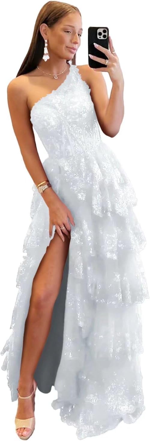 One Shoulder Lace Tulle Tiered Prom Dress Sparkly Sequined Applique Long Maxi Formal Evening Party Gowns 2025