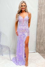 Glamorous Mermaid V Neck Sequined Lace Prom Dress with Slit BM bride