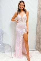 Glamorous Mermaid V Neck Sequined Lace Prom Dress with Slit BM bride