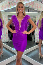 Sparkly Purple V-Neck Tight Short Homecoming Dress with Feathers Bmbride