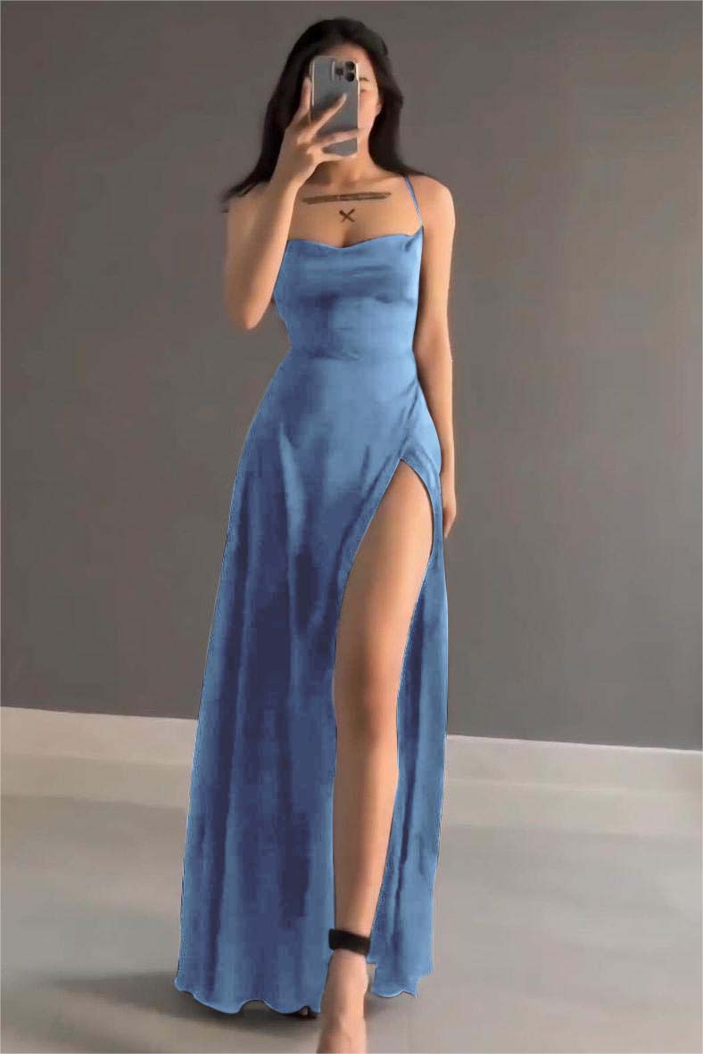 Simple Black Stain Spaghetti Strap Sleeveless Long Prom Dress With Split BMBRIDE