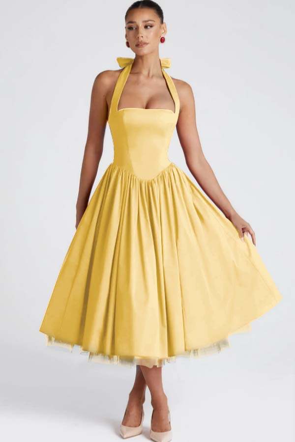 Halter Sleeveless Long A Line Prom Dress With Pleated Tulle BMBRIDE