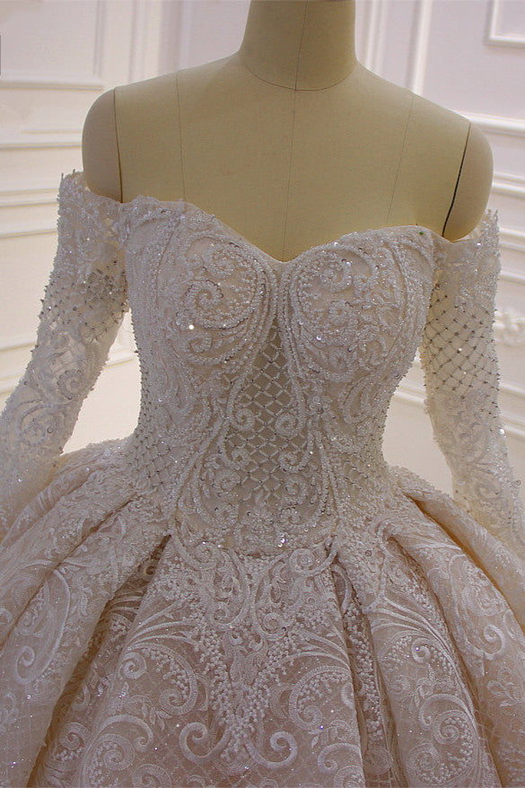 Off-the-Shoulder Long Sleeve Ball Gown Wedding Dress with Lace Appliques BM bride