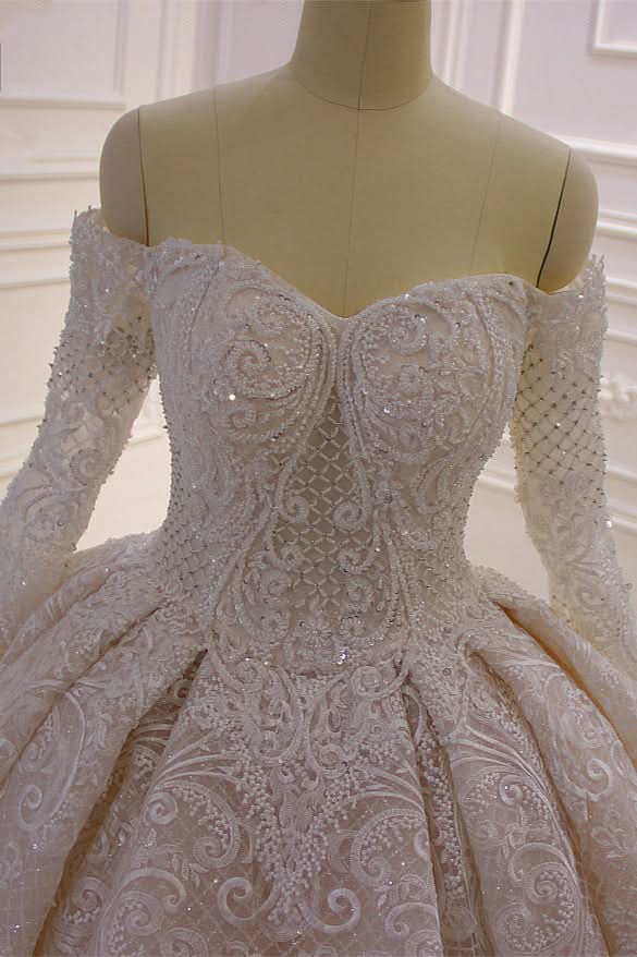 Off-the-Shoulder Long Sleeve Ball Gown Wedding Dress with Lace Appliques BM bride