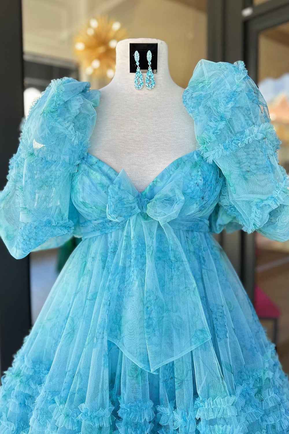 Ivory Puff Sleeves A-Line Floral Short Homecoming Dress with Ruffles Bmbride