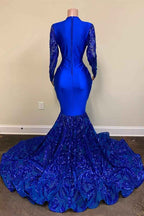 Stunning Mermaid Royal Blue Sequins Prom Dress Long Sleeves With Appliques