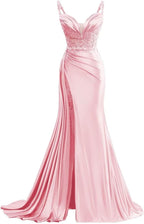 V Neck Satin Prom Dresses Long Mermaid Lace Evening Gown with Slit Pleated Bodycon Formal Dress with Tail Bmbride