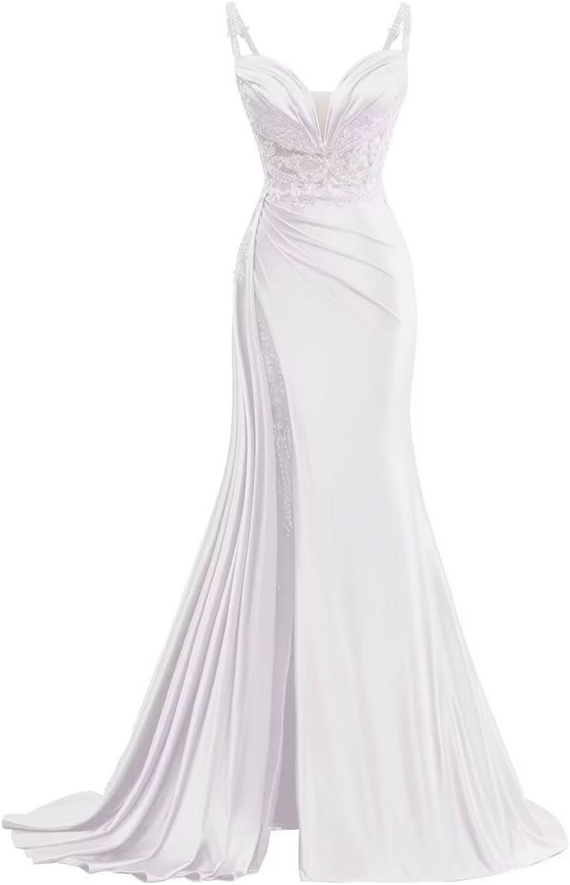 V Neck Satin Prom Dresses Long Mermaid Lace Evening Gown with Slit Pleated Bodycon Formal Dress with Tail Bmbride