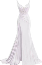 V Neck Satin Prom Dresses Long Mermaid Lace Evening Gown with Slit Pleated Bodycon Formal Dress with Tail Bmbride