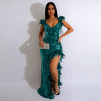 Women's Sexy Sequin Feather Prom Dresses 2025 High Slit Deep V Neck Evening Formal Masquerade Ball Gown Maxi Dress