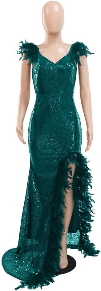 Women's Sexy Sequin Feather Prom Dresses 2025 High Slit Deep V Neck Evening Formal Masquerade Ball Gown Maxi Dress