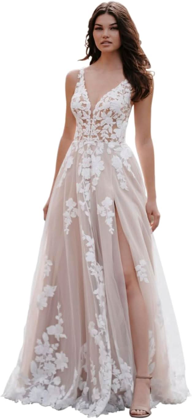 Loyeloy Women's Wedding Dresses for Bride 2025 Sexy V Neck Slit Lace Bridal Wedding Gowns for Bride YJ010