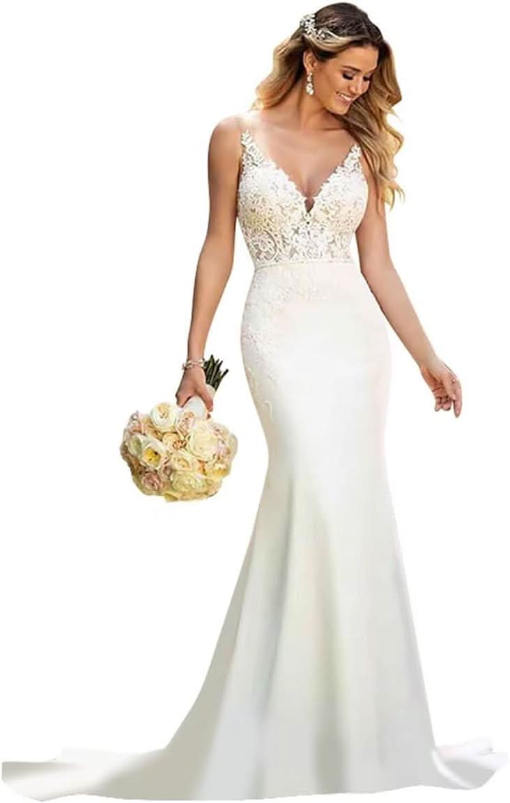 Women's Beach Spaghetti Strap Wedding Dresses for Bride 2025 Boho Long Lace Bridal Gowns for Wedding