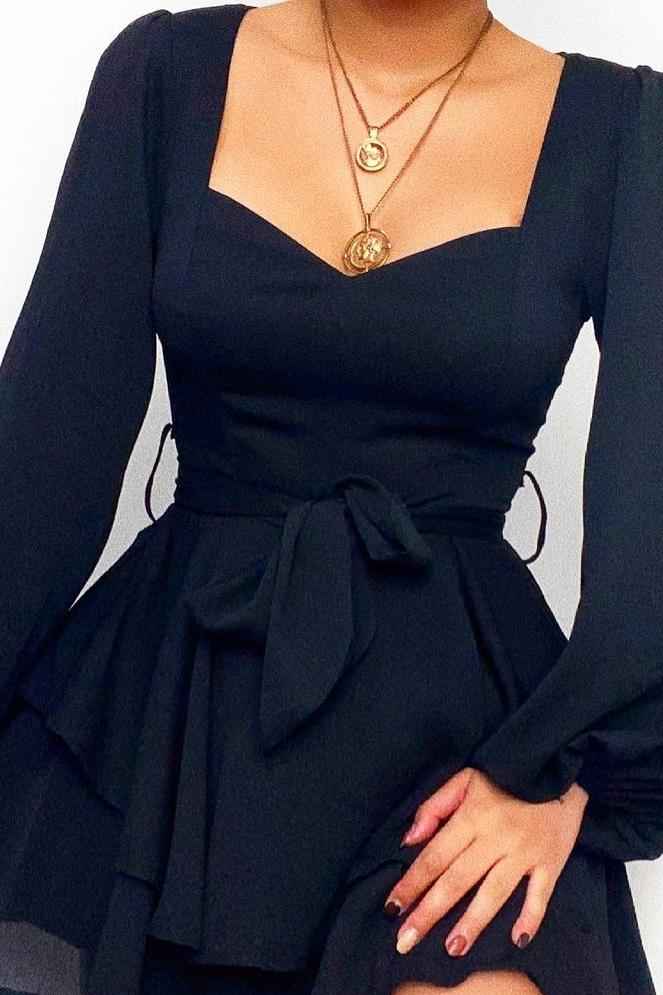Stunning Square Neck Long Sleeves Short A Line Ruffles Prom Dress With Belt
