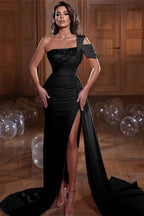 Glamorous One Shoulder Mermaid Evening Dress with Sequins Ruffles and Slit BM bride