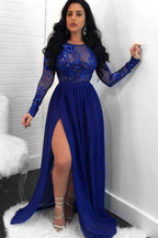 Chic Sequins Jewel Long Sleeves Appliques Long Prom Dress With Front Split